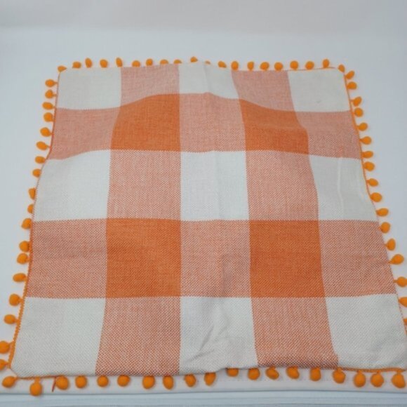 Set of 2 Decorative Plaid Throw Pillow Covers with Pom Poms | 18x18 - Picture 5 of 7